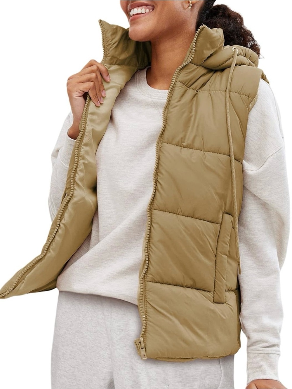 Quilted Hooded Puffer Vest in Olive Tan